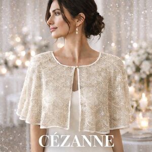NWT,Cézanne Beaded Scallop Capelet Overlay Cream Sequin Evening Topper SIZE O/S